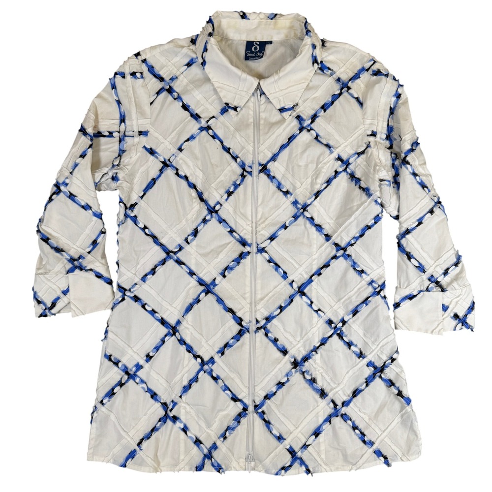 Samuel Dong CasualWear White Blue Textured Diamond Grid Zip Front Jacket Large